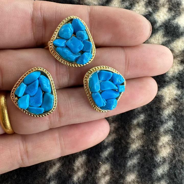 铜合金亚克力耳饰 复古饰品手工藏式耳钉时尚蓝色百搭气质两件套