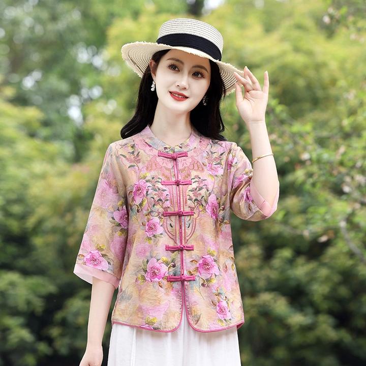 母亲节中老年女装新中式妈妈装民族风短袖T恤夏装新款两件套上衣