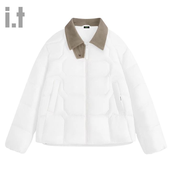 it FINGERCROXX白色羽绒服女款冬季翻领上衣2025新款撞色拼接外套