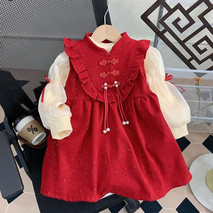 拜年服女童红色连衣裙套装2024冬季新年大童洋气过年公主裙两件套