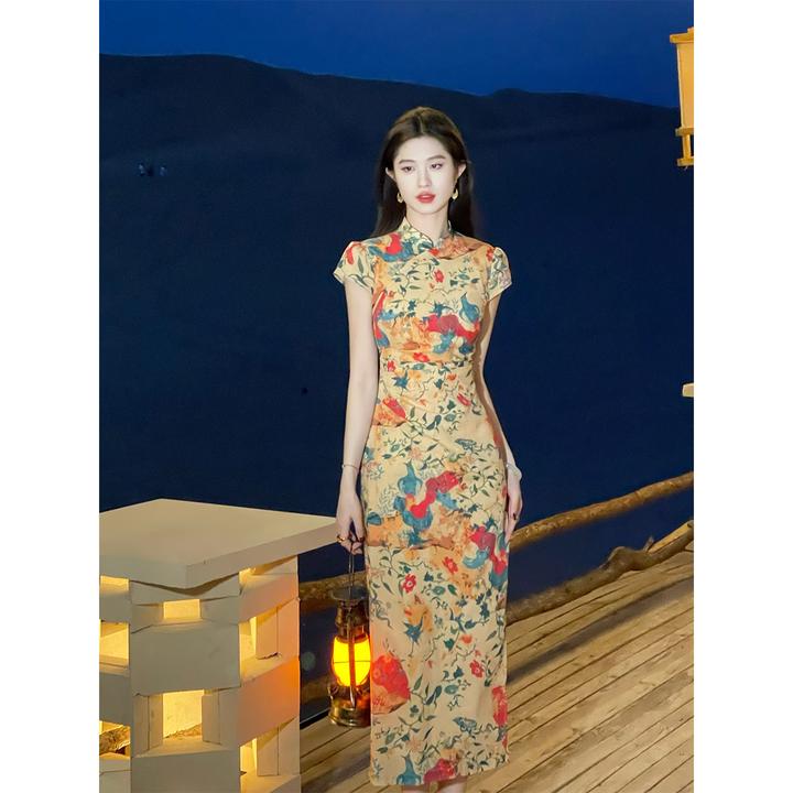 凌茜恣禾【花绘】国风新中式花色印花连衣裙复古改良修身显瘦旗袍裙
