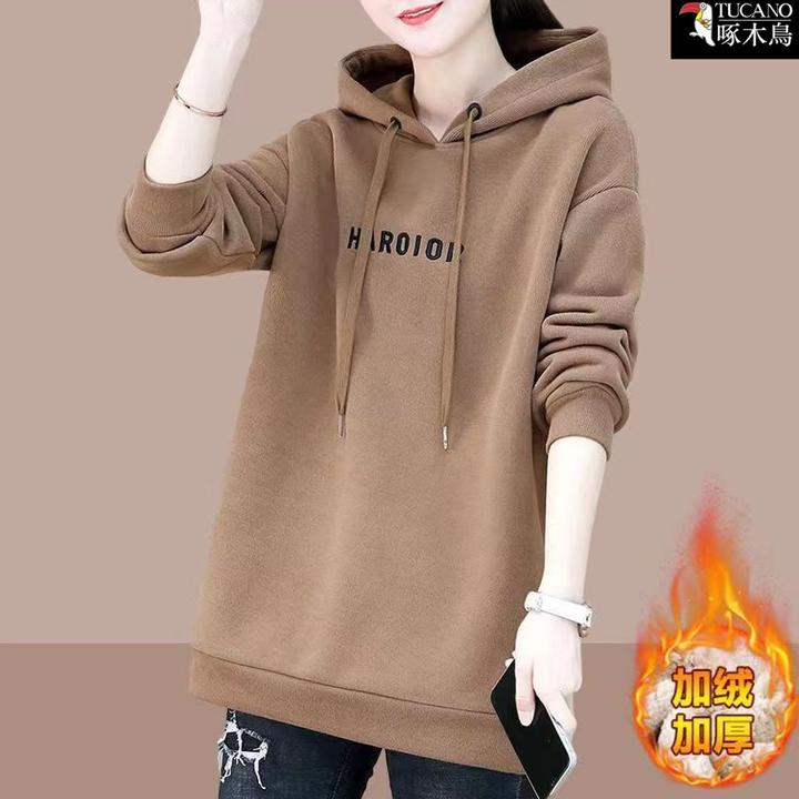 啄木鸟秋冬长袖加绒保暖连帽卫衣女2025新款印花宽松纯色运动上衣