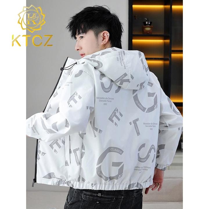 KTCZ春秋季新款连帽夹克男士痞帅气印花休闲上衣潮牌薄款秋装外套