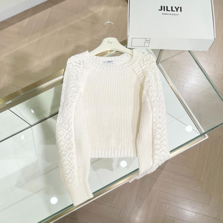 jillyi【月光印记】奶白色圆领波纹镂空袖纯欲时尚百搭针织衫