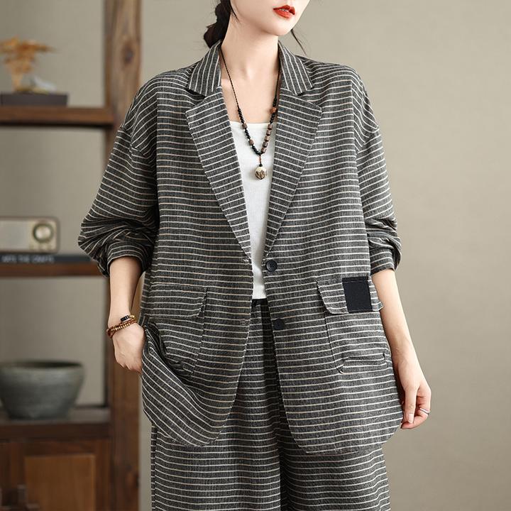 宽松显瘦时尚洋气复古小西装裤子拼接口袋条纹外套系带裤子套装女