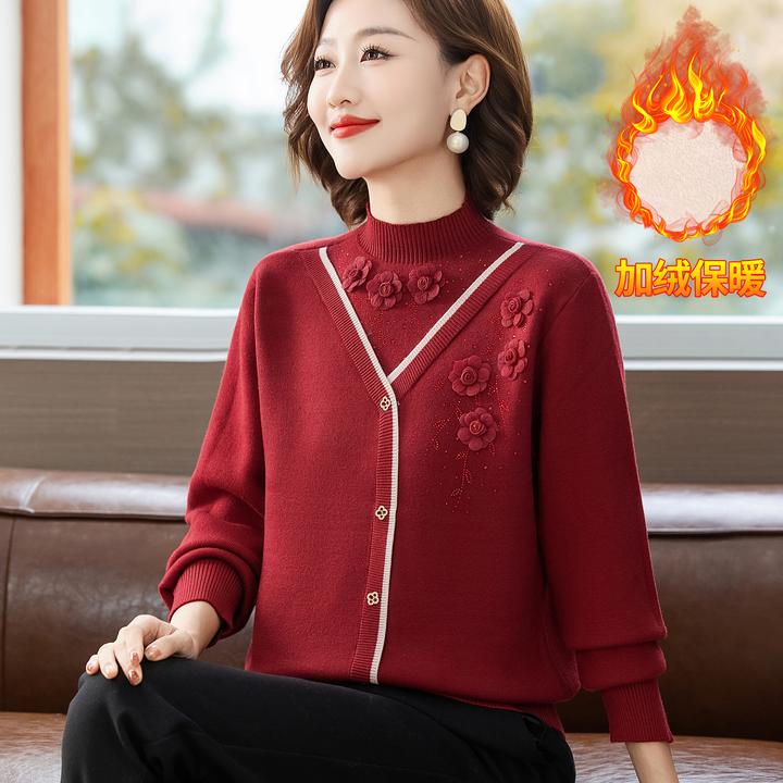 妈妈冬装立体花针织打底衫秋冬季中老年女装加绒加厚洋气保暖毛衣