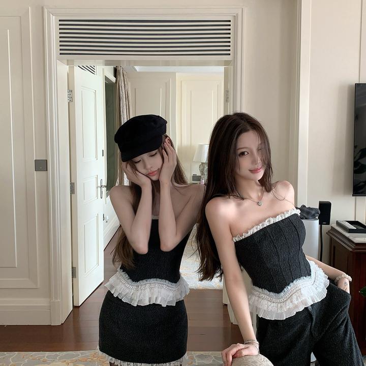 【绮丽幻想曲】复古抹胸背心上衣2025秋新款呢料半裙/长裤套装女潮