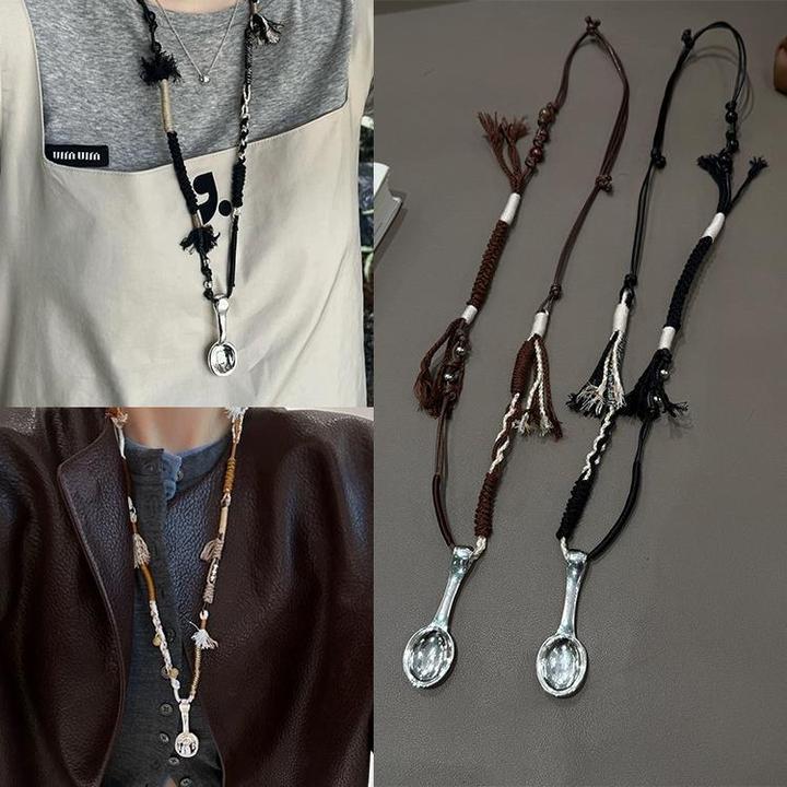 钛钢锆石项链 王鹤棣同款银色勺子编织绳项链女小众设计感时尚百