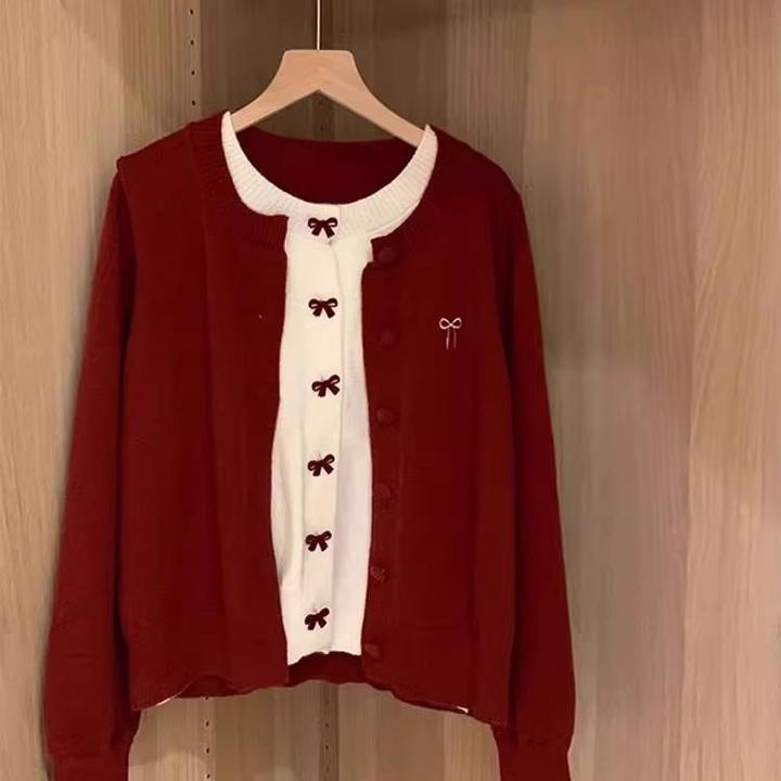 韩系蝴蝶结红色假两件开衫毛衣女秋冬2024新款松弛感慵懒风针织衫