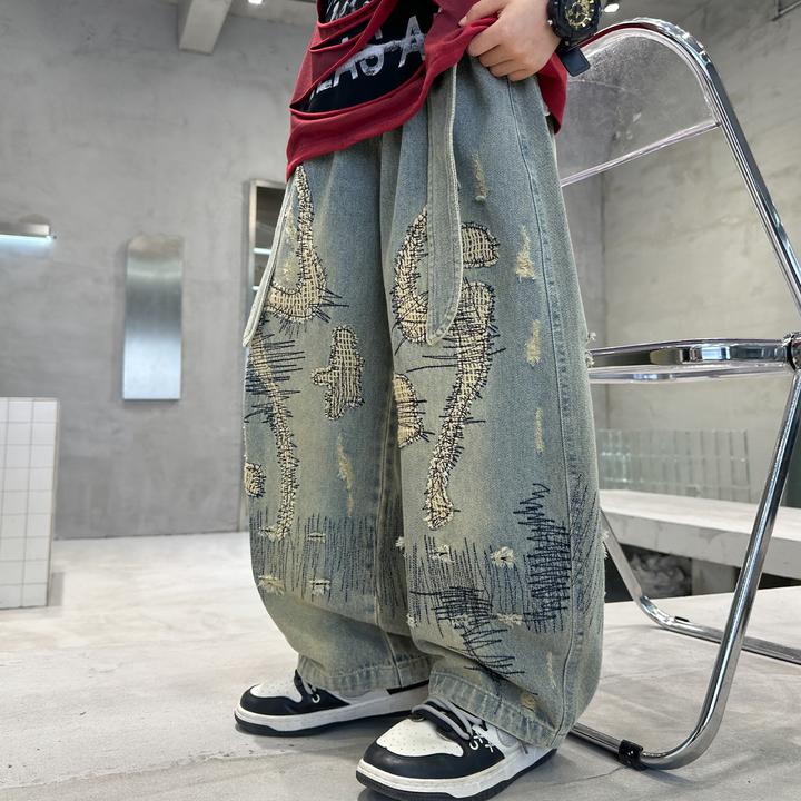 男童牛仔裤潮酷帅气中大童春秋装新款男孩宽松长裤儿童裤子弯刀裤