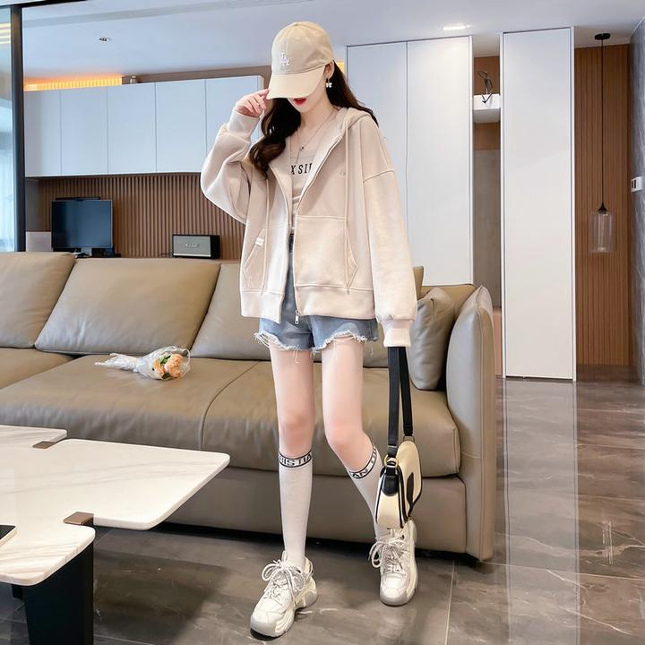 仿华棉复合牛奶丝卫衣春秋季薄款长袖宽松显瘦开衫连帽休闲外套女