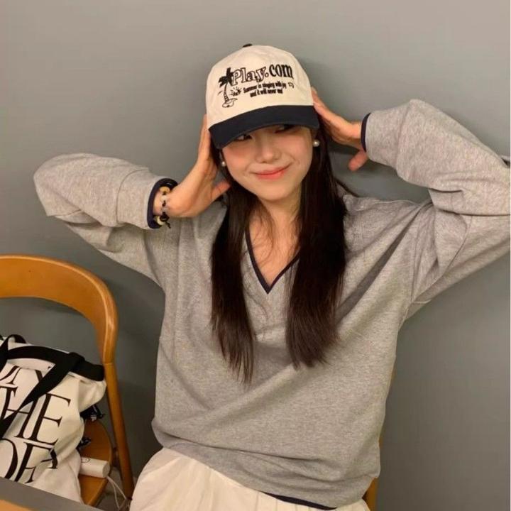 美式灰色v领假两件套头卫衣女春秋秋冬2025新款慵懒宽松上衣女款