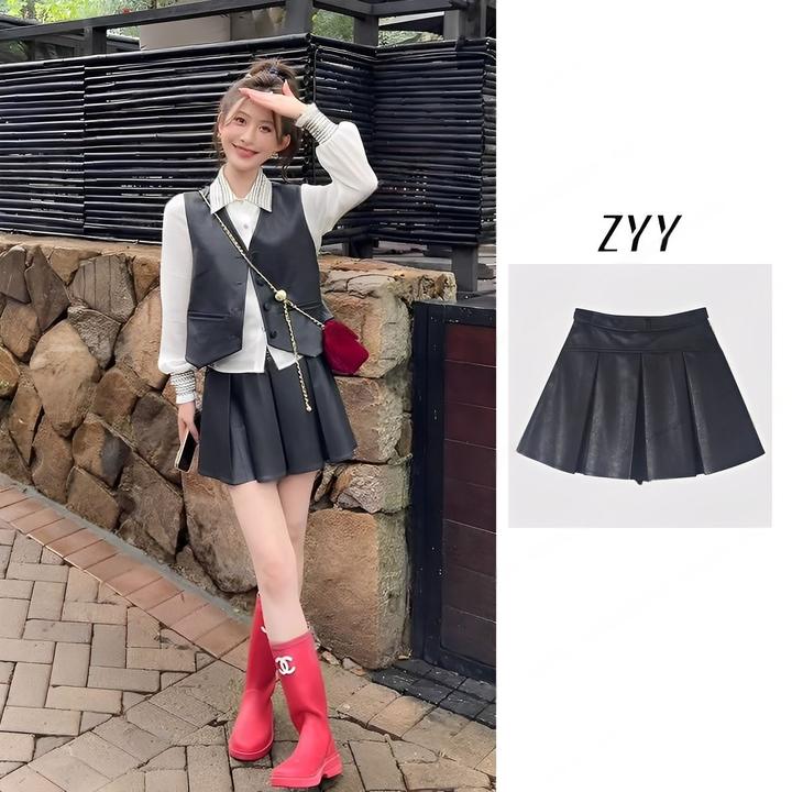 ZYY【黑夜都会】2025/S新品高腰百褶显瘦通勤风皮裙女X25QBSQD02765