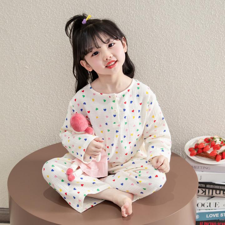 女童纱布睡衣春秋家居服纯棉套装宝宝棉绸女孩长袖儿童夏季空调服