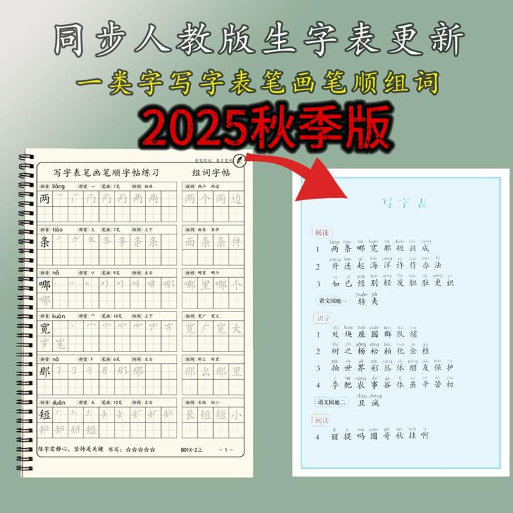 2025秋季人教版同步练字帖田字格笔顺笔画描绘带组词1-6年级字帖