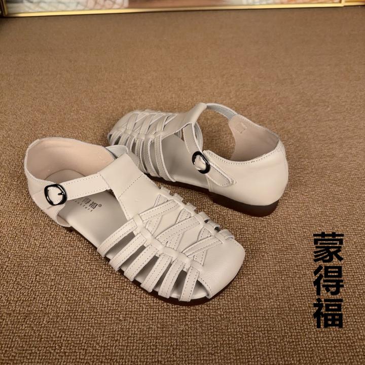 包头修面皮女粘胶鞋平底跟时装凉鞋复古舒适清凉感