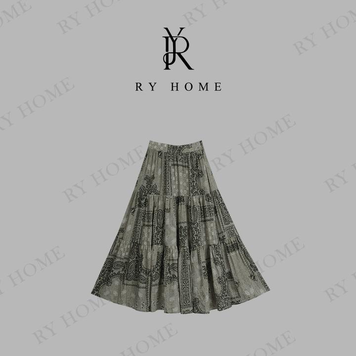 【容雨RYHOME】亚麻＋天丝新款印花A字百褶半身裙251Q1299