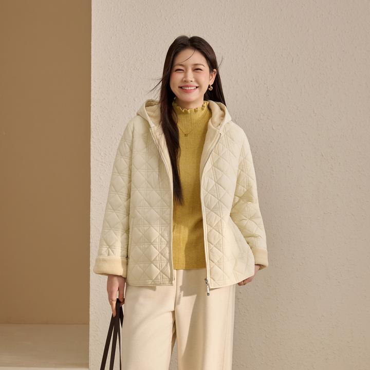 【加绒保暖棉服】纤莉秀W大码女装流光风米字格连帽拉链外套QK3311