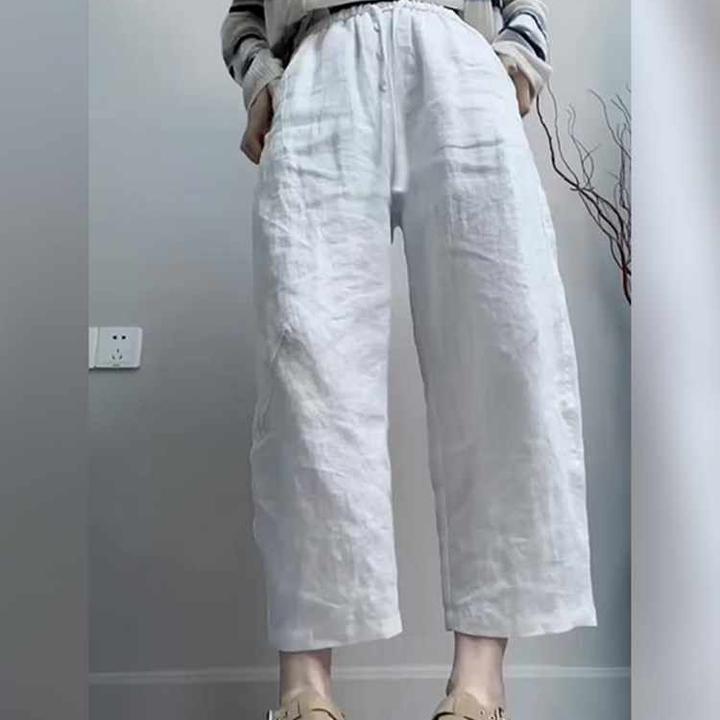 时尚气质百搭八分亚麻休闲裤女2025夏季新款洋气显瘦白色阔腿裤子