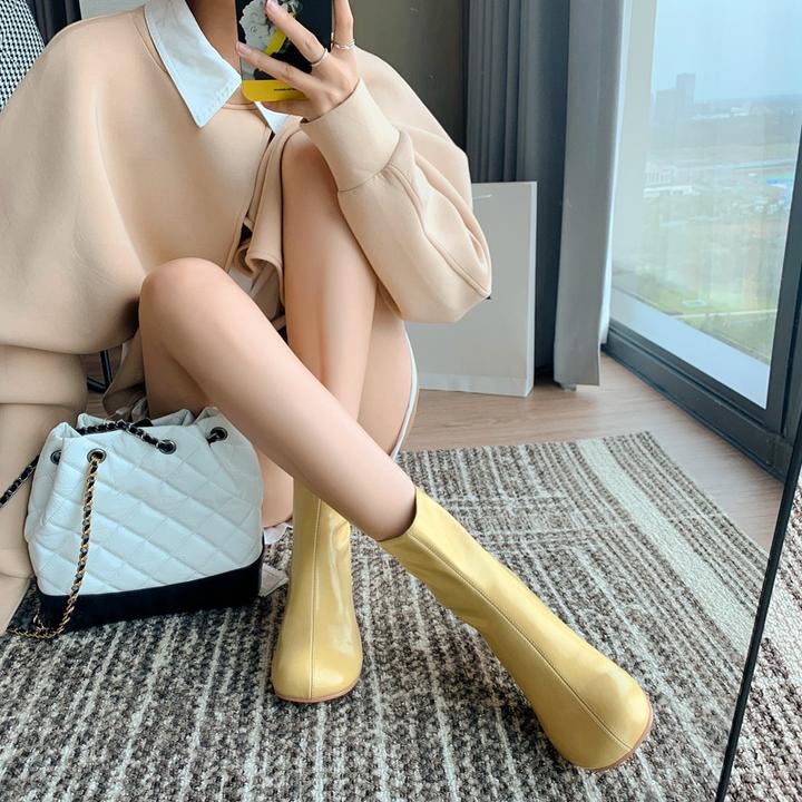 缤纷糖果@5色入！娃娃头粗跟短靴后拉链软皮高跟瘦瘦靴韩系小踝靴