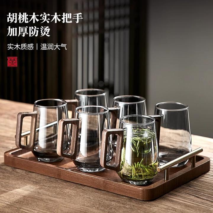 耐高温木把手玻璃杯绿茶杯大容量加厚待客泡茶杯个人家用办公室用