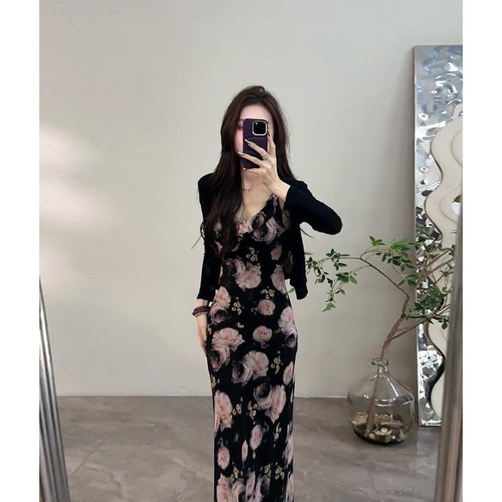 夏季修身显瘦印花连衣裙时尚长款夏季碎花裙子