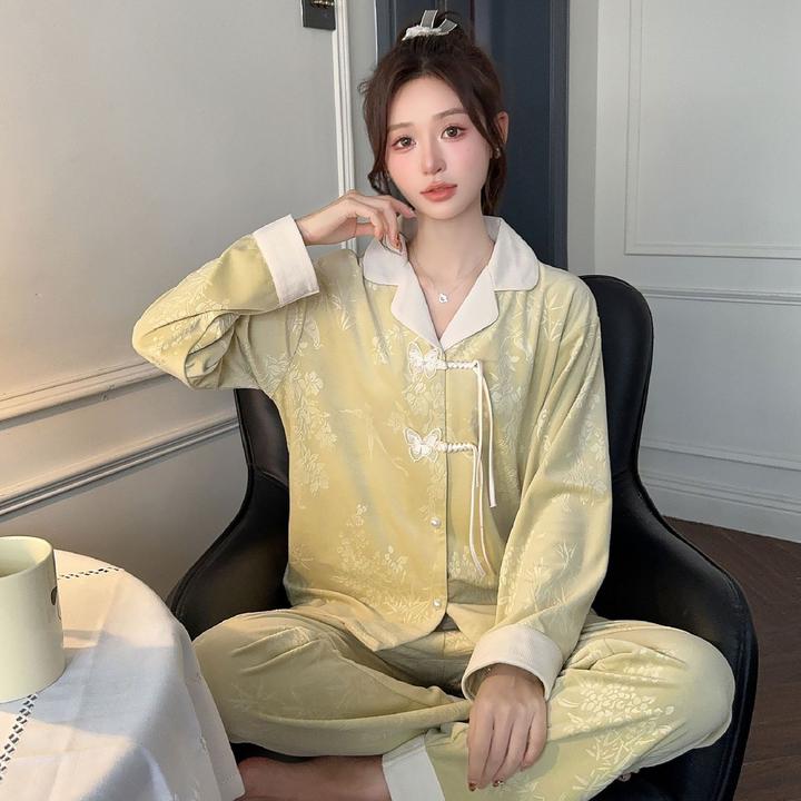 秋冬季新款新中式海岛绒睡衣女长袖开衫薄绒保暖国风家居服套装