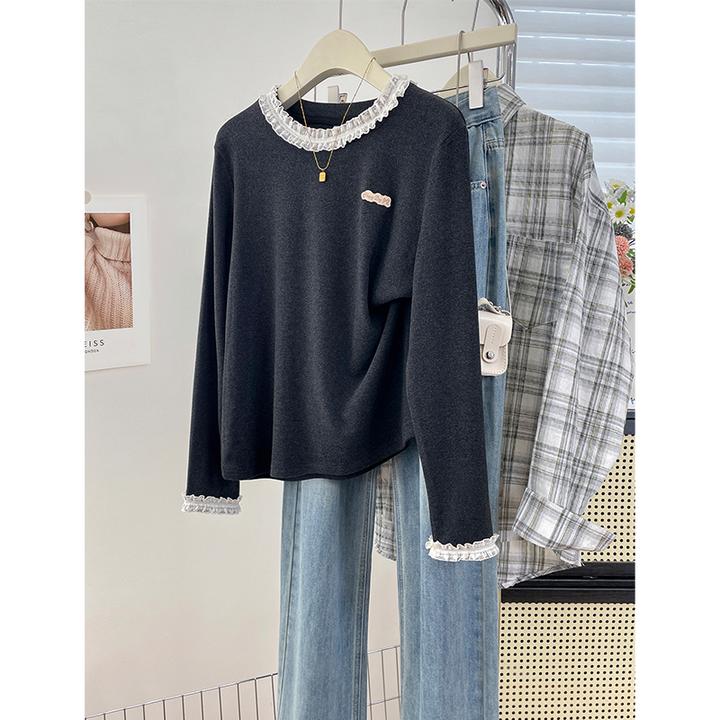 花边圆领拼接长袖T恤女内搭高级感2025秋冬新款保暖加绒打底衫潮