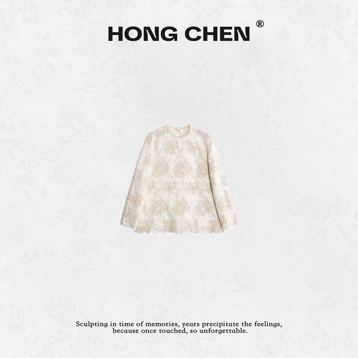 【虹辰】高端时尚设计感镂空蕾丝高级优雅精致花边圆领上衣--HC2252