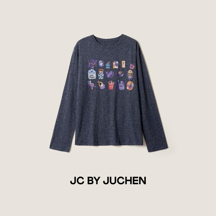 呆呆鸟日常创意小鸟印花莱赛尔棉芝麻灰百搭长袖T恤 FW117030-195