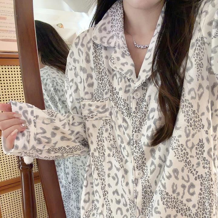 高定豹纹睡衣女秋冬季高级感长袖长裤德绒韩版加厚保暖家居服套装
