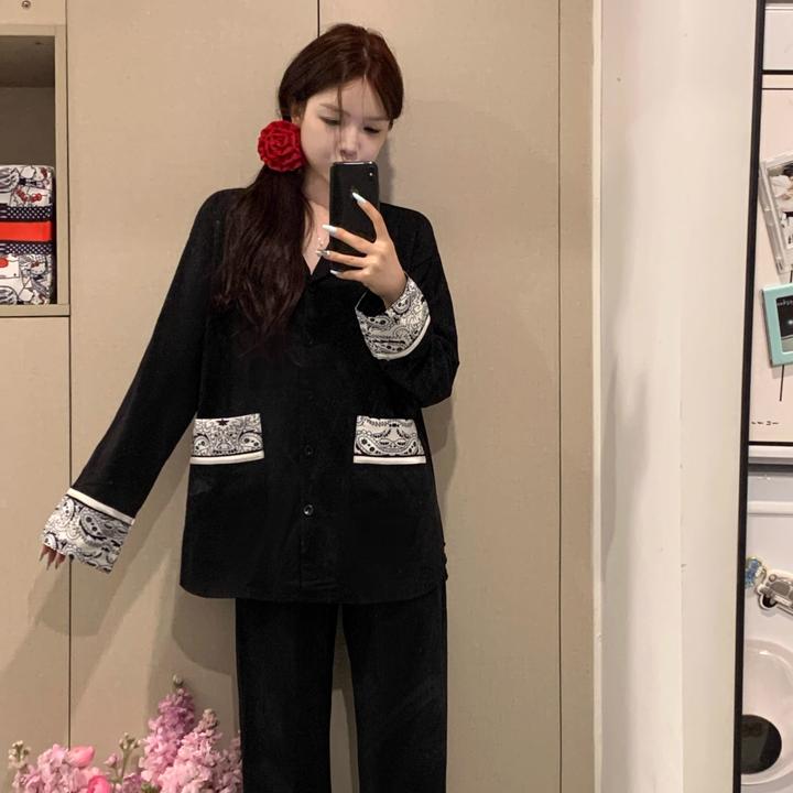 大码200斤黑色长袖睡衣纯棉套装秋季睡衣女款爆款2025新款家居服