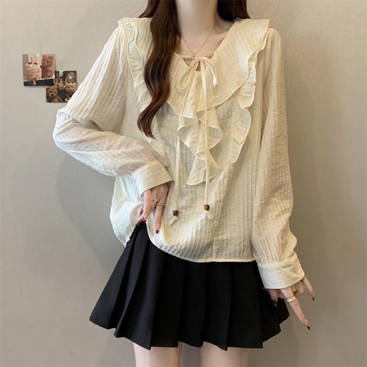 胖妹妹花边v领系带蝴蝶结衬衫女大码春季显瘦遮肚子洋气减龄上衣