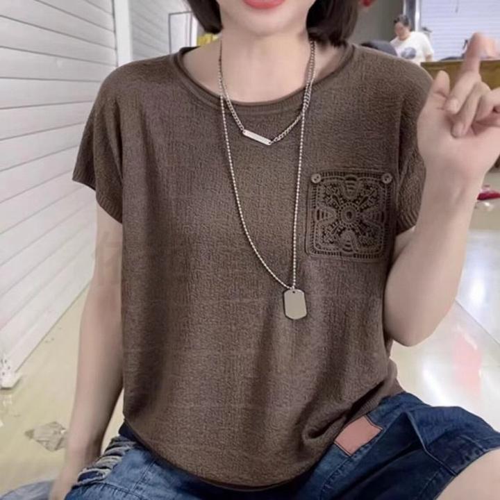 新款抖抖衫亚麻冰丝时尚衫短袖t恤女2024夏季半袖宽松洋气上衣潮