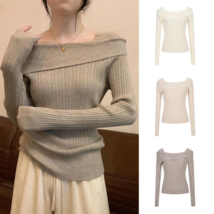 Moses Queen/魔西女王一字肩露肩针织打底衫秋冬修身显瘦长袖上衣