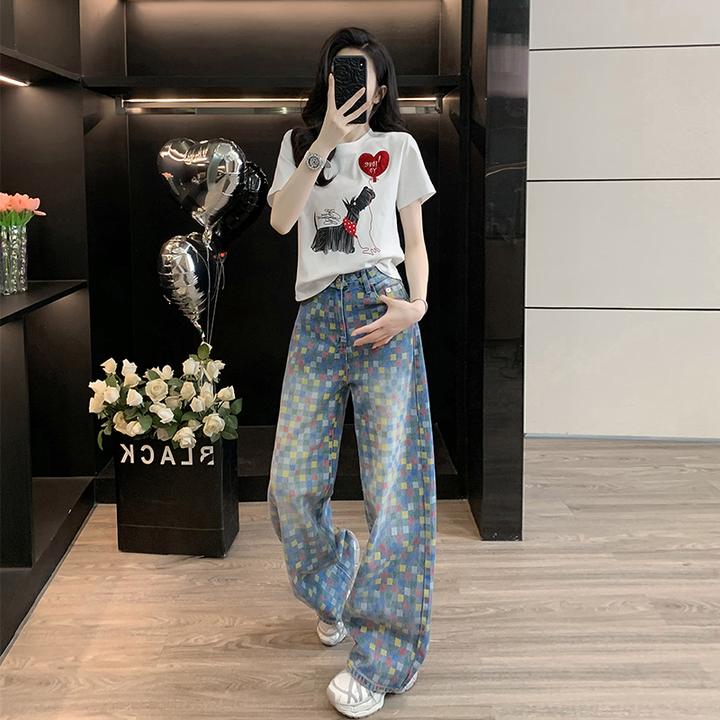 减龄T恤女夏季基础百搭圆领短袖上衣美式复古印花阔腿牛仔裤薄款