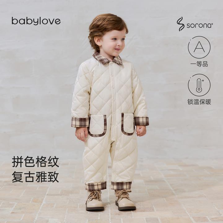 babylove婴儿连体衣秋冬长袖保暖棉服宝宝户外哈衣时尚复古外出服