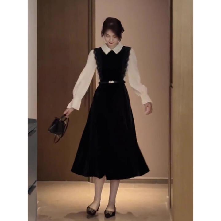 高级感时髦法式小香风假两件拼接连衣裙2025春季新款娃娃领连衣裙