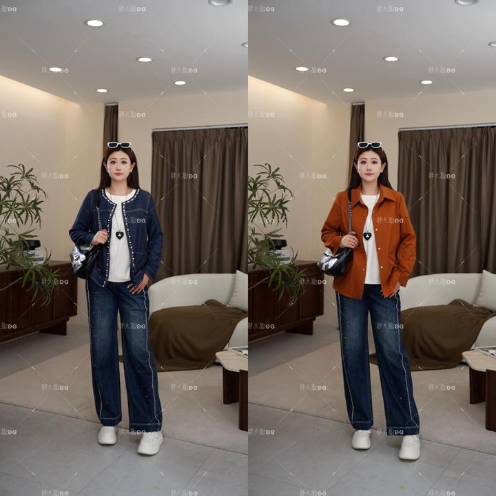 【秋款上新】PDM22522秋季新款复古显瘦时尚直筒烫钻大码女装牛仔裤