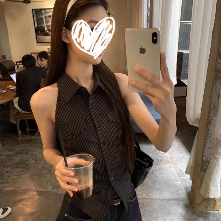 爆款法式上衣漂亮露背收腰黑色无袖衬衣