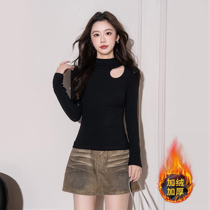 半高领打底衫女秋冬内搭长袖2026新款镂空设计感百搭修身加绒上衣