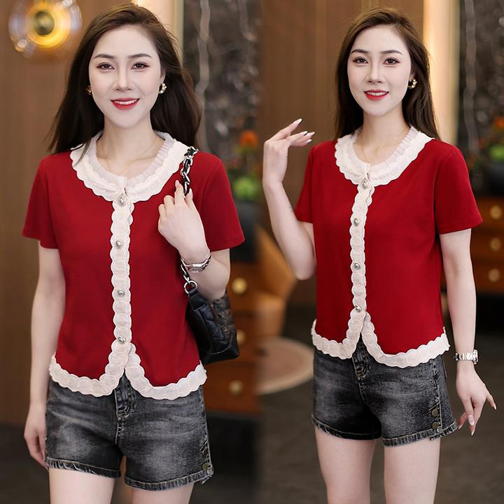 2025夏季小香风短袖T恤女时尚减龄洋气修身显瘦蕾丝花边短款上衣