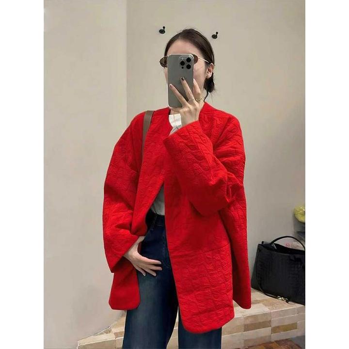 2025年新款红色圆领宽松外套女休闲百搭气质减龄上衣新中式小个子