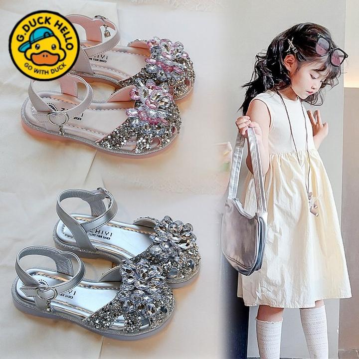 小黄鸭女童凉鞋2025夏季新款艾莎水晶公主鞋百搭舒适软底宝宝小女