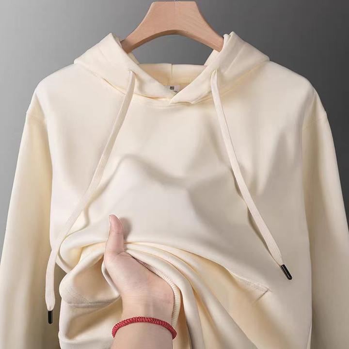 显白奶杏色350g重磅套头连帽卫衣秋冬款纯色百搭宽松休闲帽衫外套