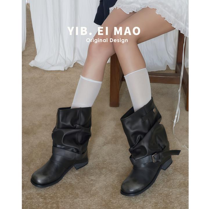 内增高西部牛仔靴女厚底褶皱堆堆靴子黑色圆头裤管短靴粗跟骑士靴