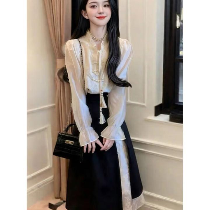2025春季新款新中式气质高级白色衬衫国风半裙女装清冷感绝美套装