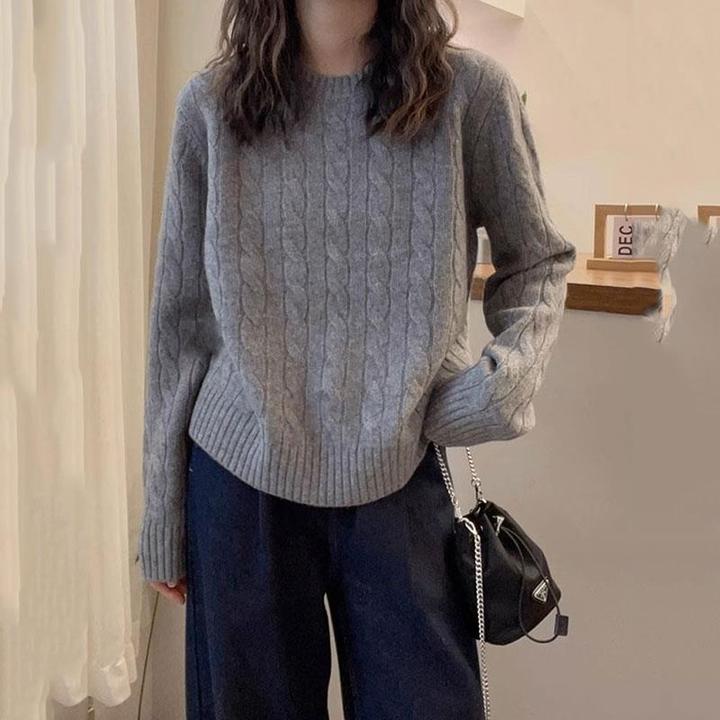 慵懒灰色麻花针织毛衣女套头秋冬新款设计感宽松针织内搭打底上衣