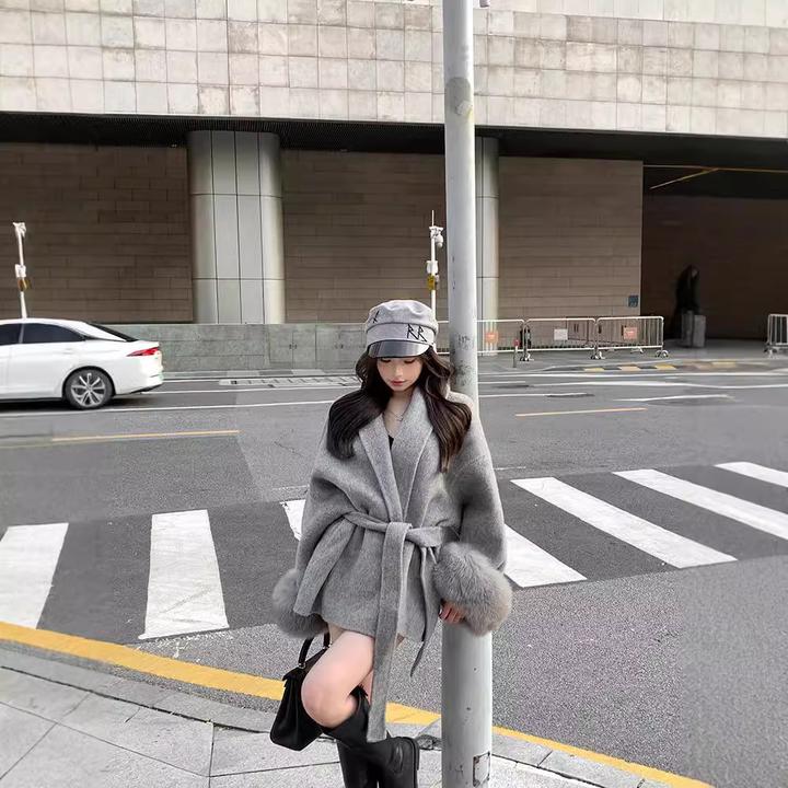 舒适衣橱~灰色绑带收腰毛呢外套女秋冬长袖宽松大衣中长款上衣