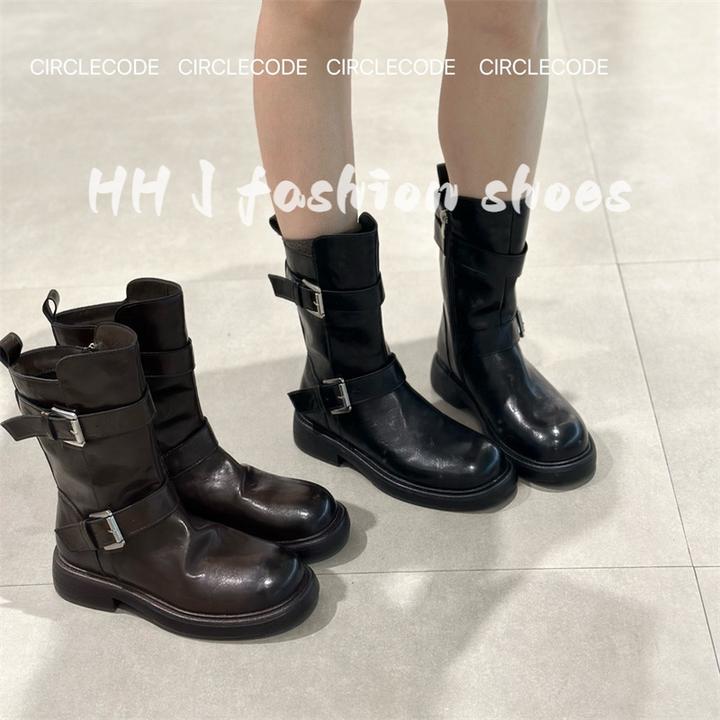 2025秋冬新款爆款真皮马丁靴女圆头厚底皮带扣瘦瘦短靴女骑士靴潮